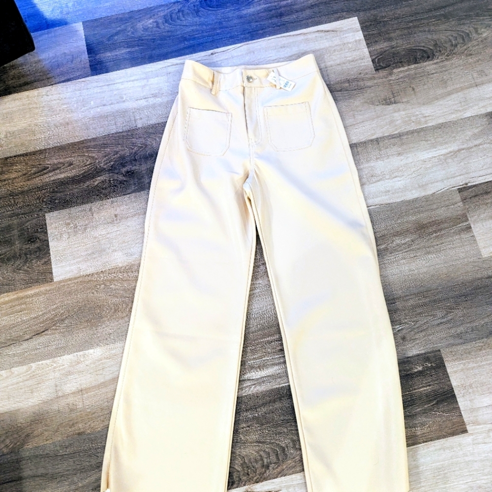 Vegan leather cream color wide leg pants size medium(8-10)